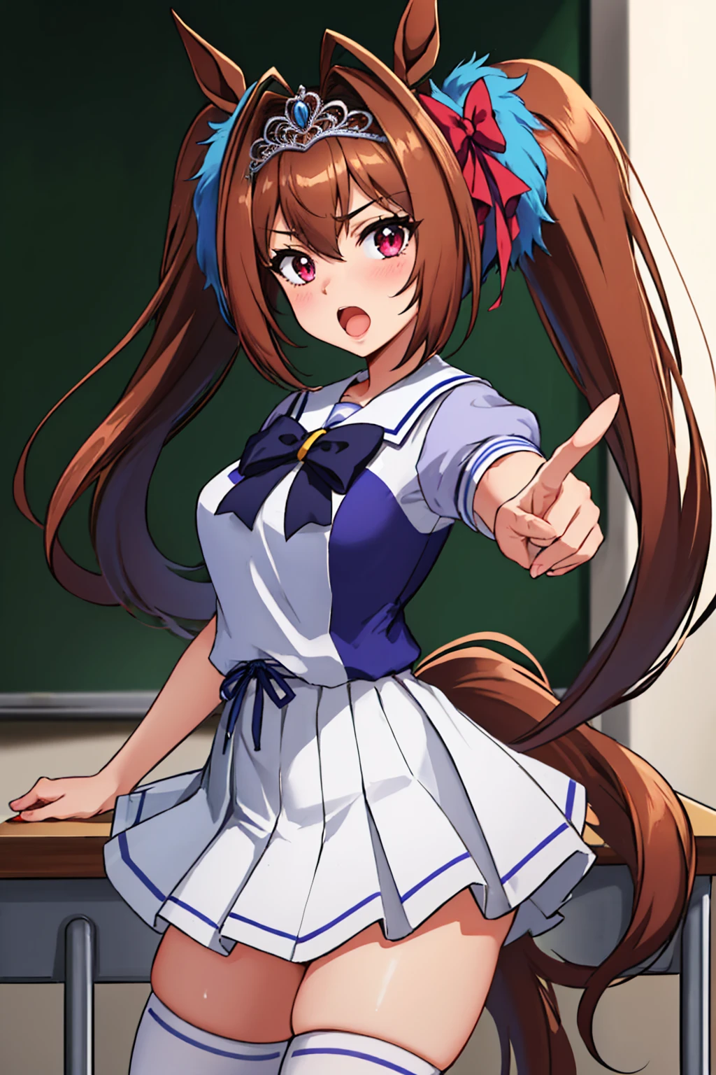 (masterpiece, best quality:1.2), solo, 1girl, daiwatracen, screaming, pointing at viewer, twintails, tiara, v-shaped eyebrows, horse ears, tracen school uniform, purple shirt, bow, puffy short sleeves, white skirt, white thighhighs, horse tail, classroom <lora:umamusume_daiwascarlet-10:1>
