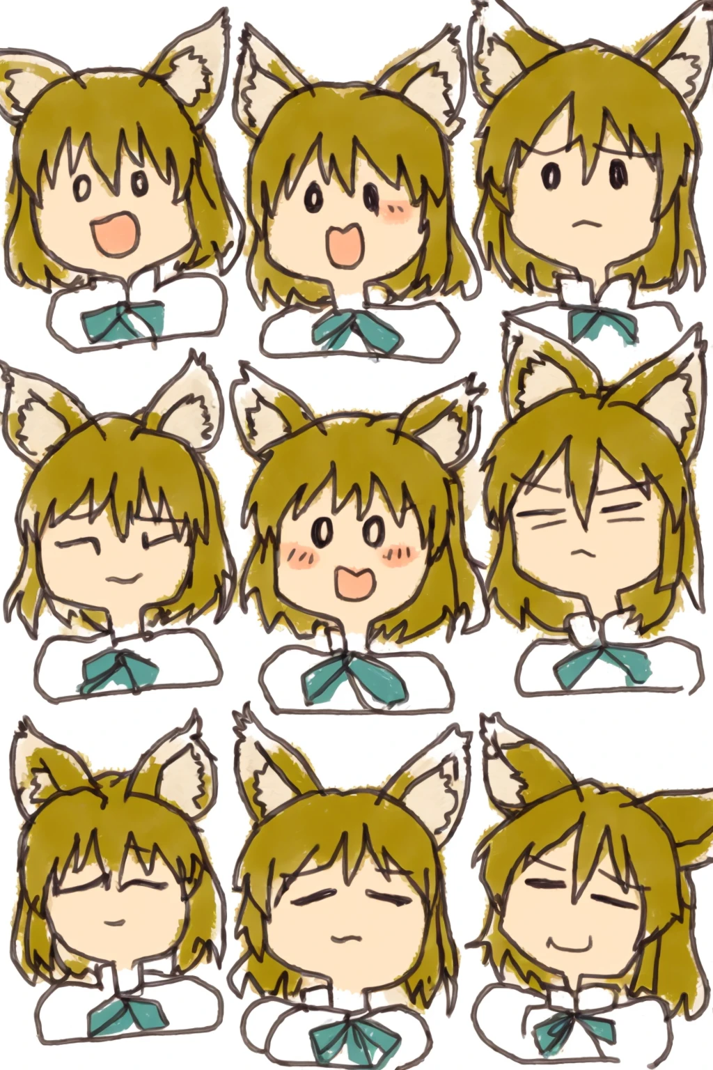masterpiece, best quality, <lora:style05:1>,multiple girls, comic,board,white background,chibi,multiple view,face,smile,sad, half-closed eyes, angry,
<lora:TsukasaKudamaki:1>, <lora:style22:1>,sketch,
kudamaki tsukasa, fox girl,1girl,fox ears, blonde hair, short hair,yellow eyes,ribbon, green ribbon,mandarin collar, short sleeves,white romper,fox tail,