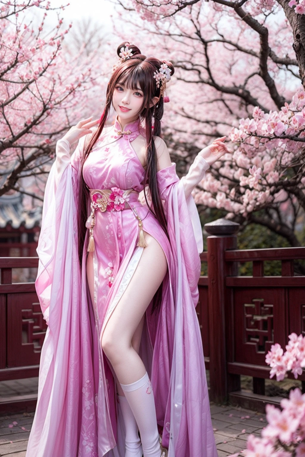 pink hair,<lora:girl_6:0.8>,super high resolution,best quality,4k,1girl,solo,pointy_ears,smile,chinese clothes,long hair,bangs,hair flower,look at the audience,hair_ornament,cherry_blossoms,flower,thigh,