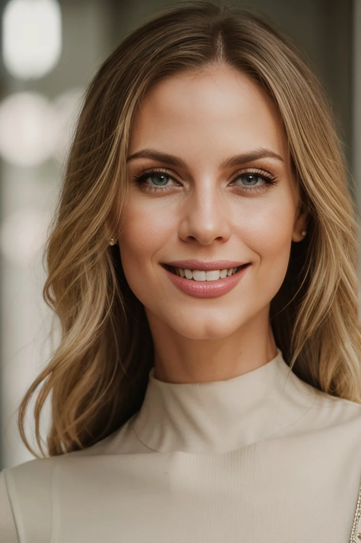 cinematic film still portrait photo of AndreaHerrera, smiling, gold turttleNeck crop, natural blonde hair, ((looking at viewer:1.1)), <lora:backlight_slider_v10:1>, <lora:epiCRealismHelper:1> <lora:skin_tone_slider_v1:-1>, 8K, 16k, uhd, dslr, best quality, high quality, realistic, photo-realistic, ultra-detailed, <lora:weight_slider_v2:-0.5> <lora:forehead_slider_v2:-1> <lora:AndreaHerrera:0.9> . shallow depth of field, vignette, highly detailed, high budget, bokeh, cinemascope, moody, epic, gorgeous, film grain, grainy