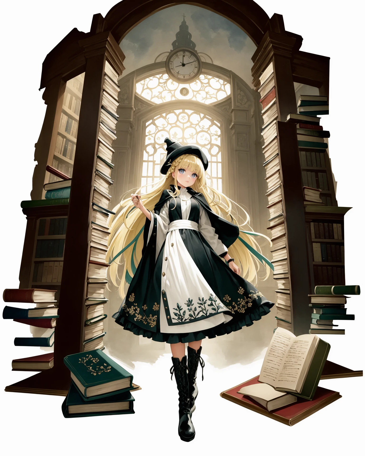 [(white background:1.5), ::2]1girl, solo, (isometric:0.75), 
masterpiece, best quality, masterpiece,best quality,watercolor-painting,watercolor-paper,2020s_(style),extremely detailed CG unity 8k wallpaper,ultra-detailed, best illustration, detailed light, over exposure,an extremely delicate and beautiful,solo,1 girl close up,a girl looking at viewer,shiny,beautiful detailed eyes,round eyes,messy floating hair, small breasts,Shiny-messy-hair, extremely detailed background,depth of field,dynamic composition,cinematic-lighting,ink painting-background, fantasy,in-the-library,magic circle,bookshelfs,many books,long coat with fringe,European,scolar,10-years-old,black robe with embroidery,hat with embroidery,boots,long skirt,gorgeous fringe,thin-metal-decorations,antique,blonde-hair,daytime,vintage color,french braid,magic books,tower of books,floating many books,clock,long hair,detailed clothes,100-layer-dress, parted bangs,