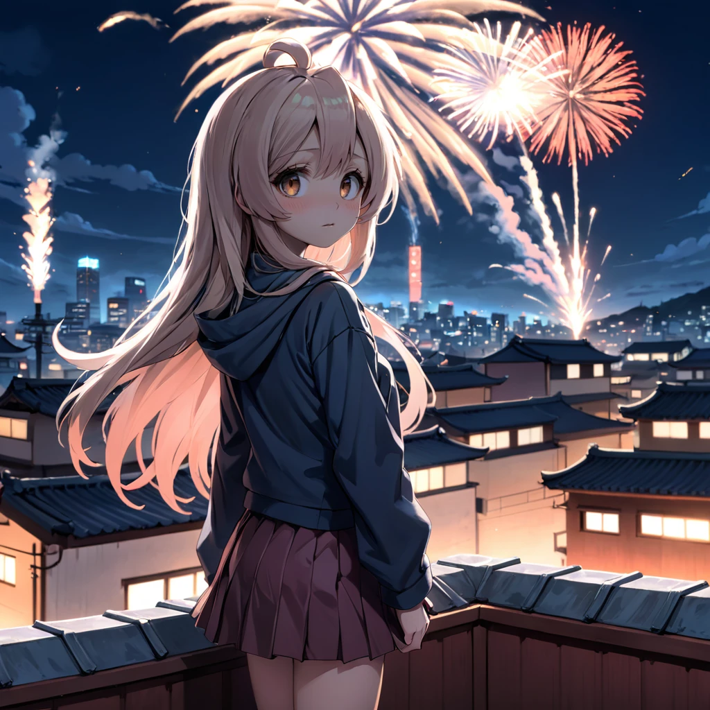 digital art, (masterpiece), (best quality), A detailed and cinematic wallpaper, a girl Oyama Mahiro standing on rooftop with hanabi in background, long hair <lora:mahiro_xl-000010:1>