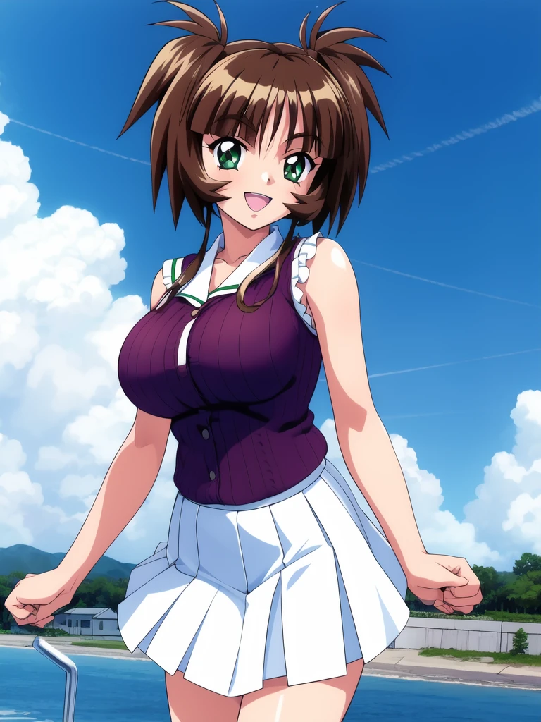 <lora:Ichimonji_Akane:0.8>,ãIchimonjiAkane, 1girl, solo, skirt, white skirt, pleated skirt, day, outdoors, large_breasts, open mouth, sleeveless, shirt, smile, sleeveless shirt, clenched hands, water,
masterpiece, high quality, very_high_resolution, large_filesize, full color,