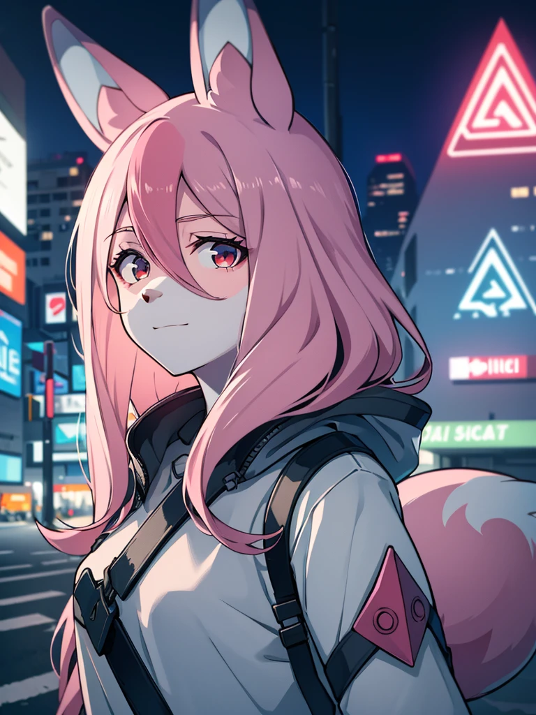 1 girl,furry,fox girl,furry female,fox ears, animal ears, nazuna_hiwatashi, pink hair,long hair, red eyes, hair between eyes, (animal nose, triangle shaped nose), (tail), (high quality, best quality, (4k), hi res, masterpiece, beautiful, high details), happy, looking at viewer, (cyberpunk,futuristic), city, night <lora:NazunaV2:0.8>