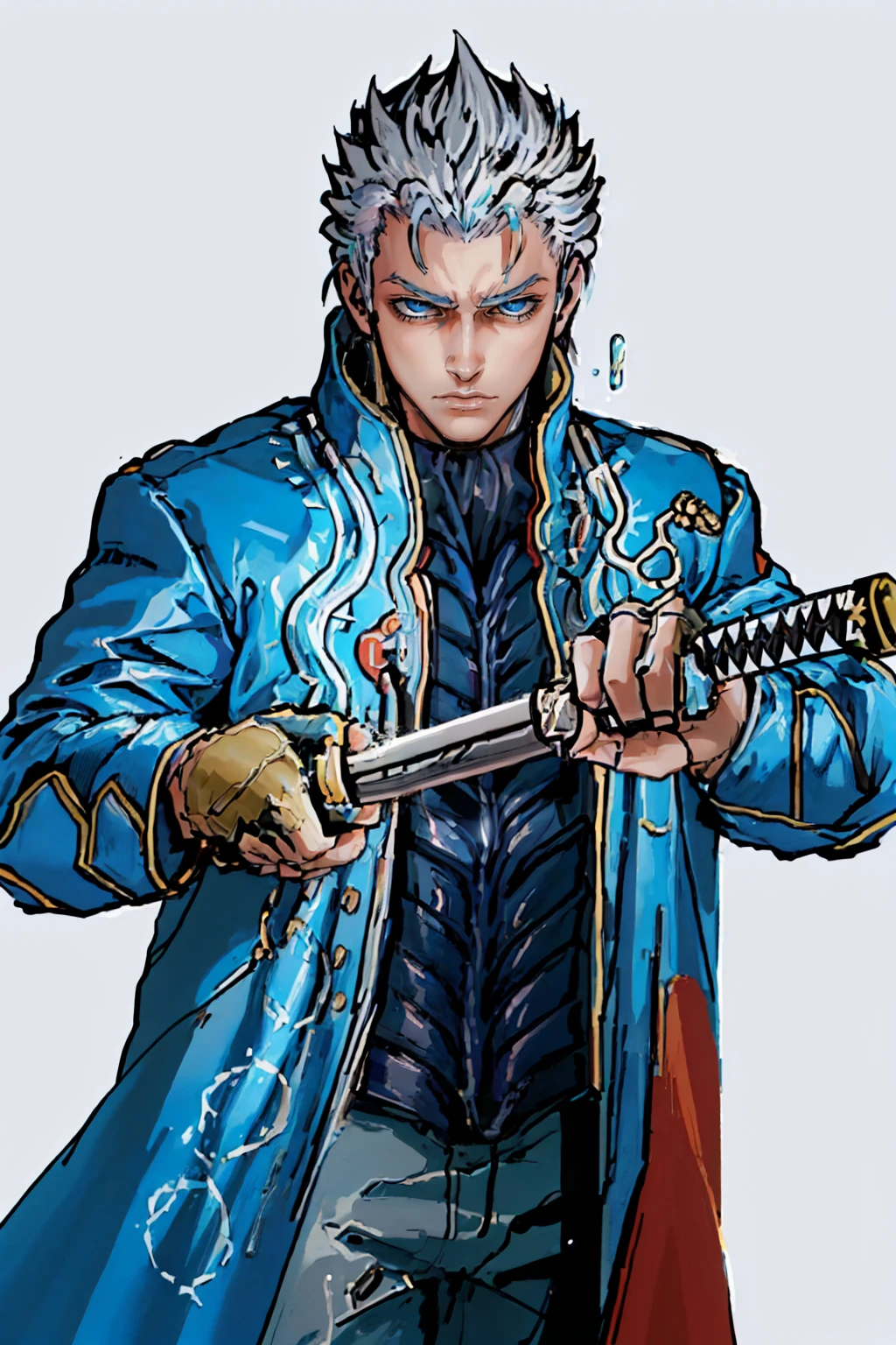 (masterpiece, best quality:1.2), solo, male focus, 1boy, dmc3vergil, serious, IncrsUnsheathingAKatanaMeme, sheath, holding sheath, blue coat, long coat, fingerless gloves <lora:dmc3_vergil-11:1> <lora:ChihiroUnsheathingAKatanaMeme:0.9>