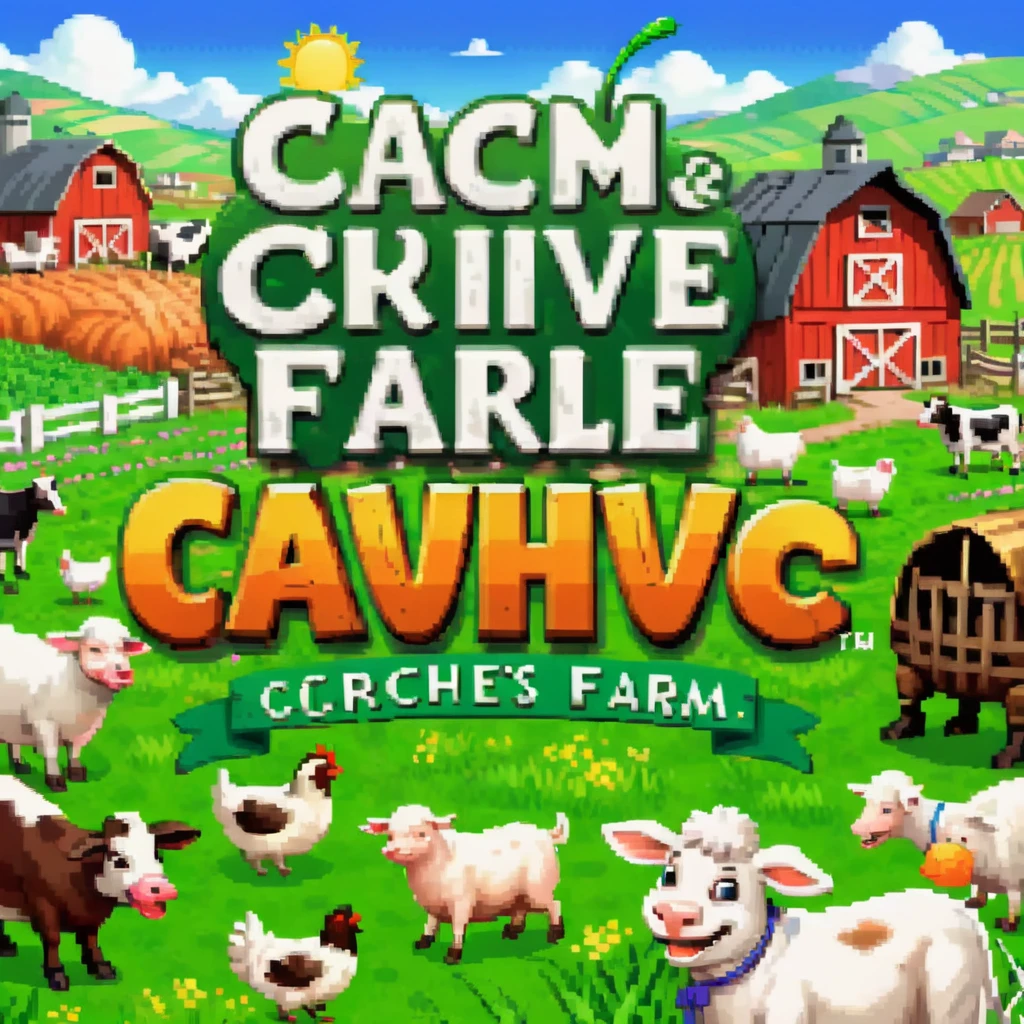 A vibrant and colorful title screen for a casual game called 'Chive Farm.' The scene depicts a cheerful farmer surrounded by a variety of friendly farm animals, including cows, chickens, and sheep, in a lush, green farm setting. The farm is filled with rows of chives and other vegetables, under a bright, sunny sky with fluffy clouds. In the foreground, prominently displayed is the game's title 'Chive Farm' in large, playful lettering, styled to match the game's lighthearted, cartoonish aesthetic. At the bottom of the screen, the instruction 'Press Any Key' is written in inviting, bold font, encouraging players to start their farming adventure.,<lora:gbaplay_title:0.75>