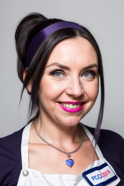 realistic photo of flofp woman <lora:flofp_v2:1.0>, focus on eyes, close up on face, smile, wearing jewelry, dark lavender color hair styled as half-up ponytail,, sharp focus, (8k uhd:0.8), ultra-detailed, RAW Amateur Photo