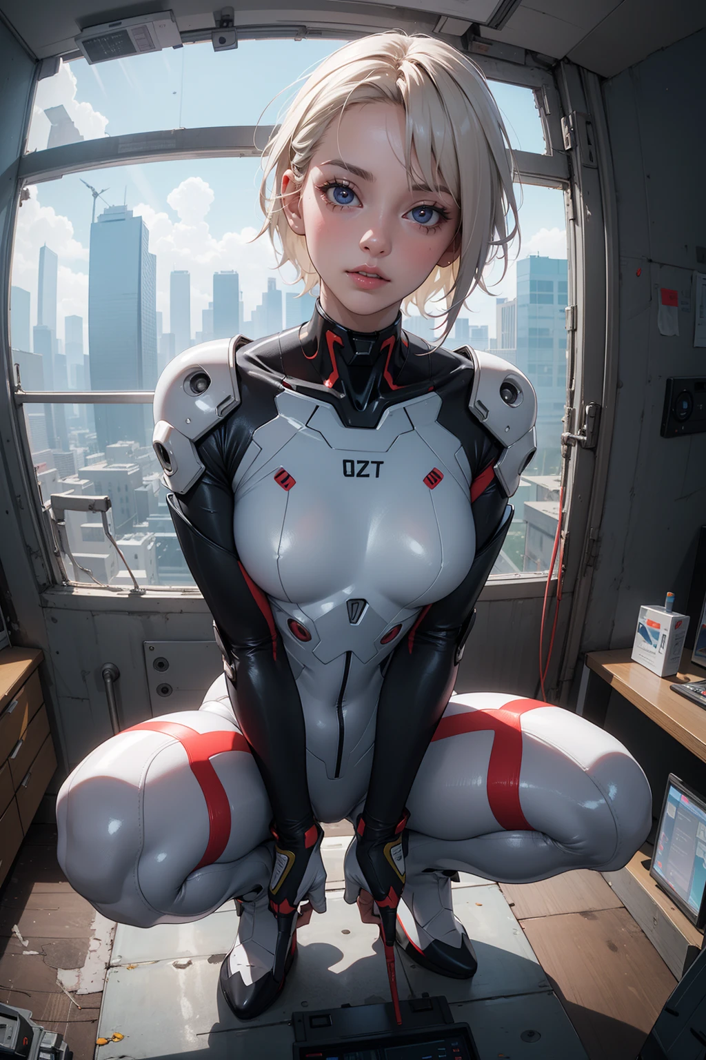 (masterpiece, best quality, intricate details, highly detailed:1.2), 3d, realistic , highres, 8k, absurdres, skinny, mecha, science fiction, futuristic city, cybernetic bodysuit, short white hair, small_breasts, spacecraft, neon genesis evangelion, pilot, sitting, futuristic apartment, big window, sunlight, next to window, on bed, view from above, squatting, (fisheye perspective:1.4), close-up,