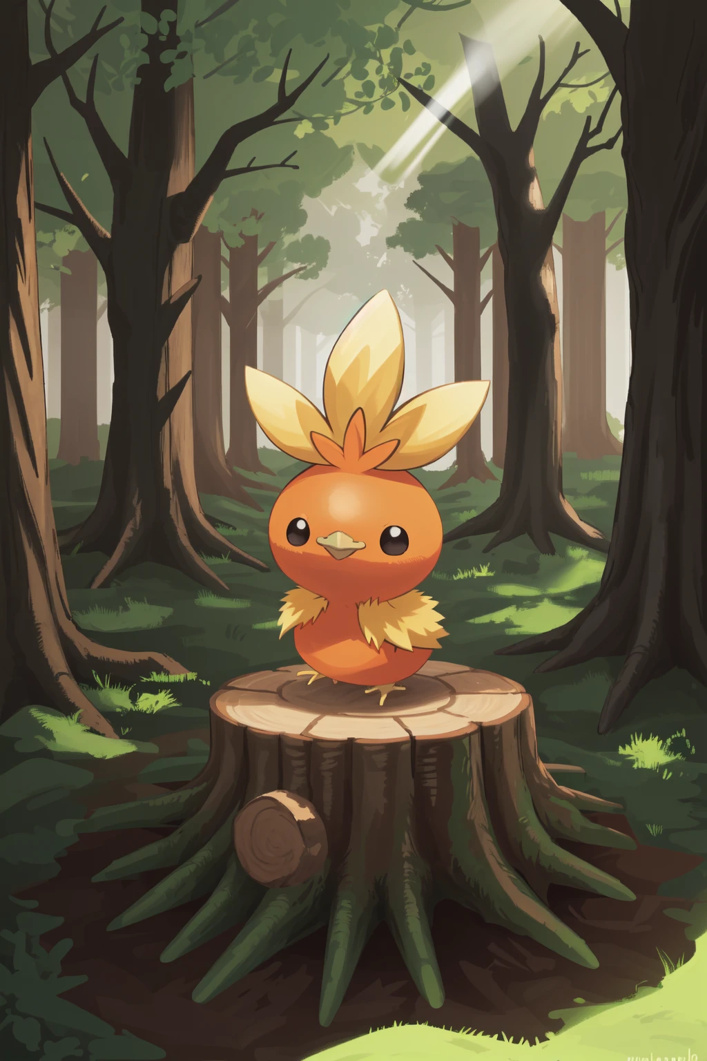 <lora:torchic v1:1> portrait, torchic, tree stump, forest, dappled sunlight, hdr