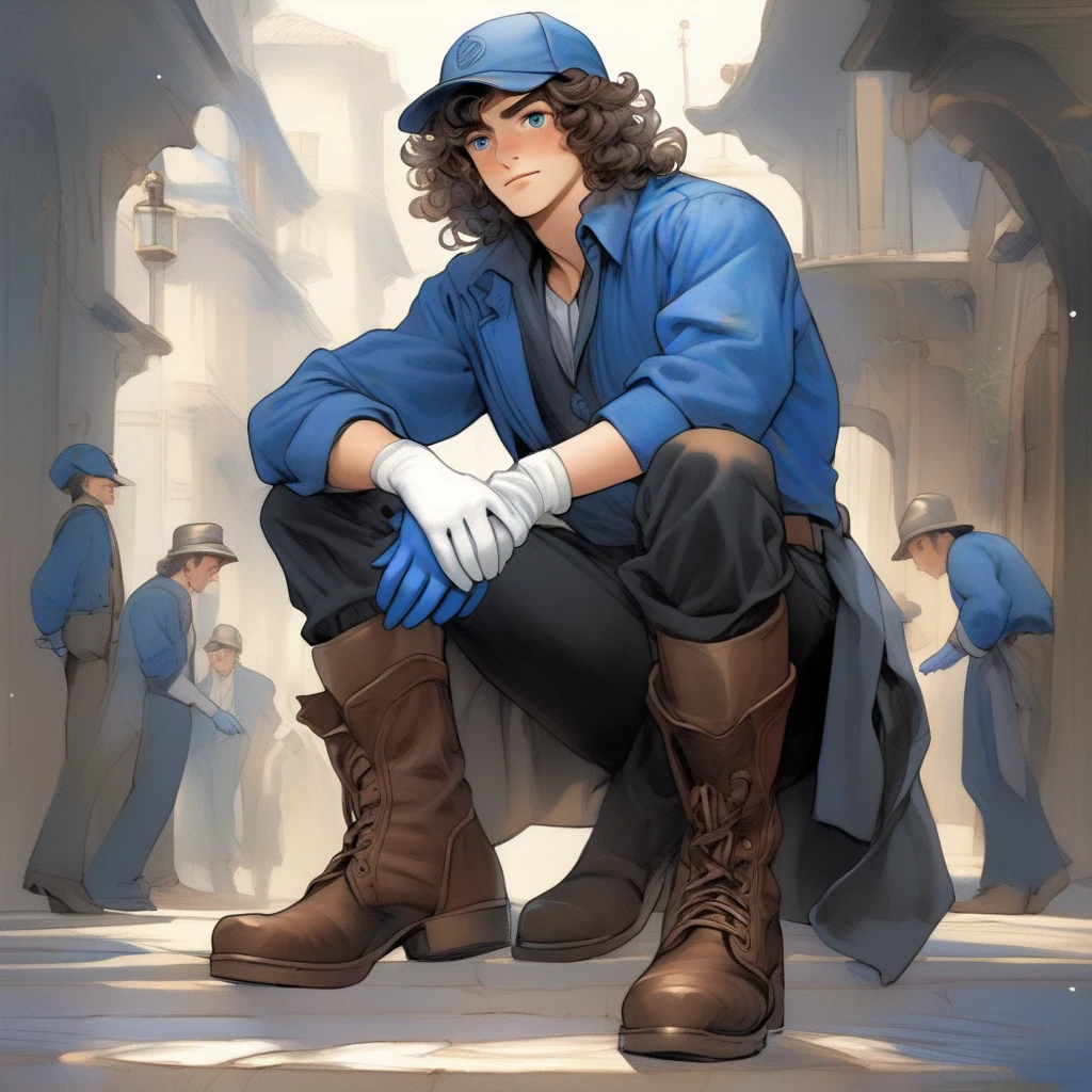 solo, male, blue eyes, long wavy curly brown hair, blue overhauls, brown boots, white gloves