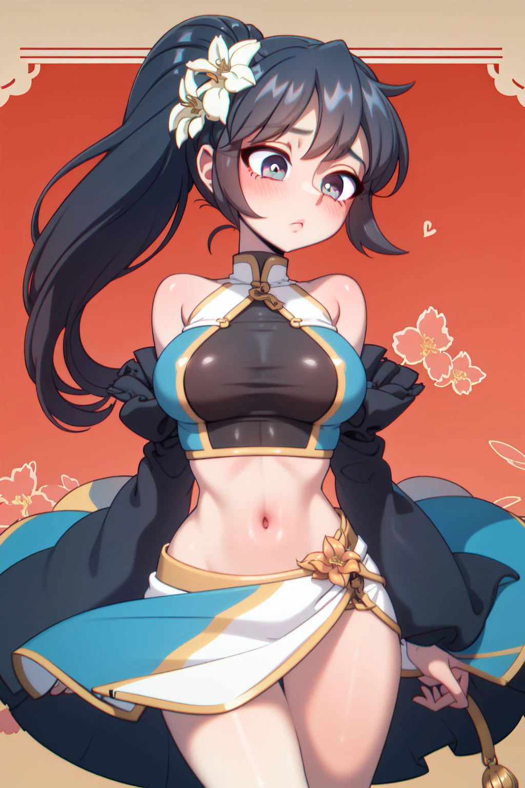 cowboy shot, solo, 1girl, tired, dark blue hair, short ponytail, bronze eyes, aqua crop top, Cymbidium \(flower\), floral background <lora:Strong_bana_style_v01:1>