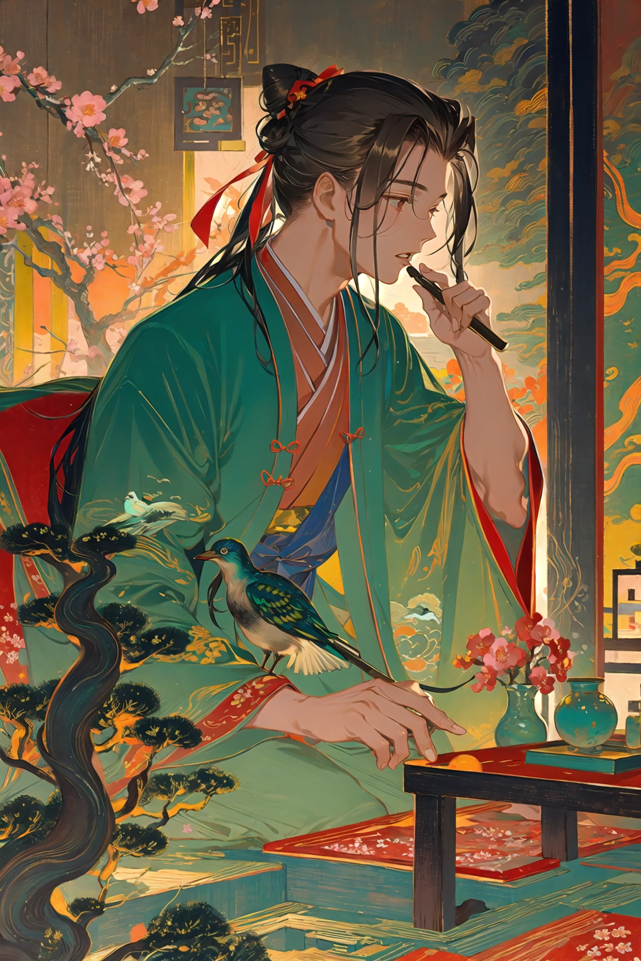 long hair, chinese clothes, flower, half updo, multiple boys, shushing, long sleeves, out of frame, ribbon, hair bun, finger to mouth, holding, solo focus, paintbrush, robe, hanfu, hair ribbon, single hair bun, index finger raised, painting \(object\), jar, brown hair, male focus, hair pulled back, holding paintbrush, hand up, black hair, facing away, bird, sitting, hair ornament, 2boys, parted lips, wide sleeves, statue, orange theme, bangs, vase 
///////////  <lora:reiko-000298:1>, <lora:ç»ä¸½çåå½±:0.2>,<lora:add_detail:0.35>, <lora:adaptedmodel:0.35>