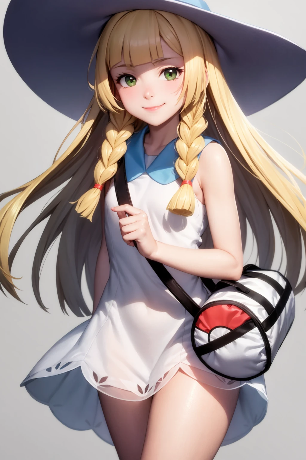 masterpiece, best quality, <lora:lillie:1>,
lillie \(pokemon\), 1girl,sun hat,blue ribbon,blonde hair, long hair,twin braids,blunt bangs,green eyes,bare arms,sleeveless dress, collared dress,sun dress,
duffel bag,poke ball theme,
grey background, cowboy shot, smile,