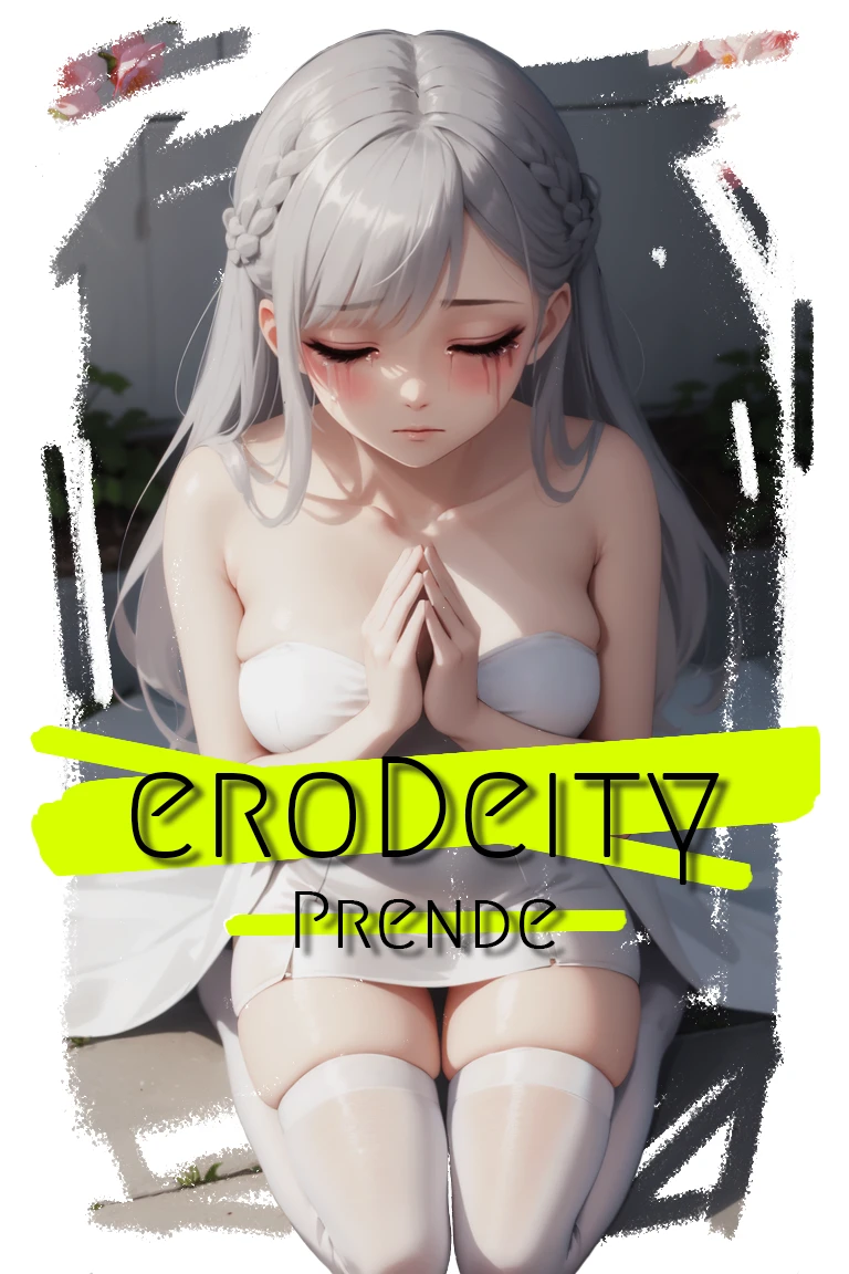 masterpiece,best_quality,outdoors,flower_field,symmetrical,dawn,1girl,solo,full_body,kneeling,praying_hands,from_above,asymmetrical_legwear,silk_and_cable_knit,white_strapless_dress,thighhighs,peaceful,closed_eyes,runny makeup,ash_grey_hair,braid,eyelashes,silver_eyeshadow,<lora:runny_makeup_v0.2:0.8>,