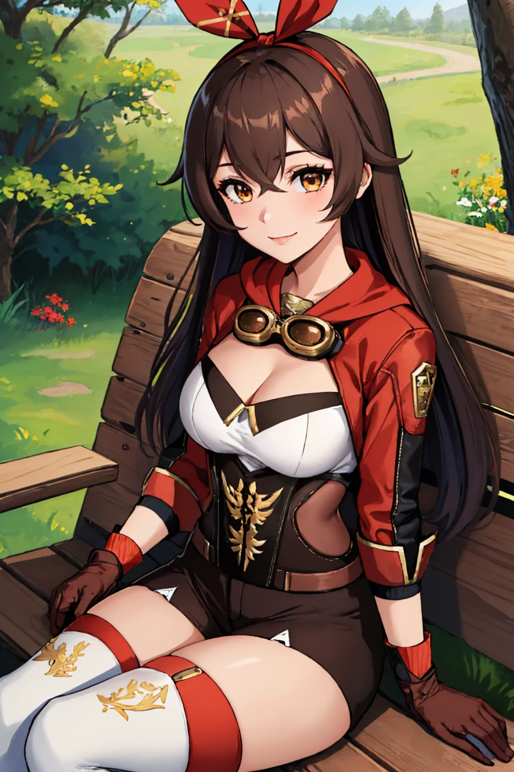 (masterpiece, best quality:1.2), solo, 1girl, amberdef, smile, looking at viewer, sitting, hair ribbon, goggles around neck, shrug \(clothing\), long sleeves, brown gloves, short shorts, red thighhighs, cleavage, outdoors <lora:genshinimpact_amber-17:1>