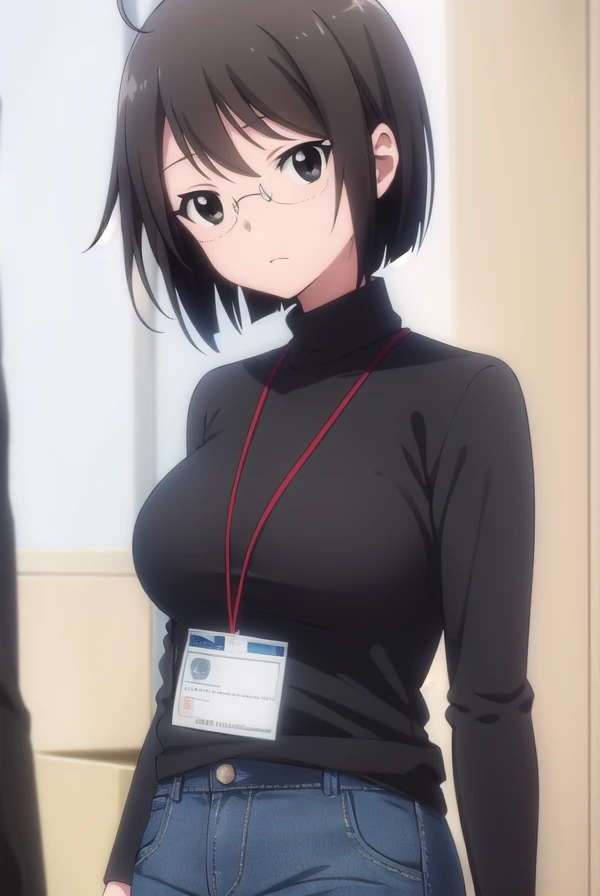 lucyyamagami, <lora:lucy yamagami s1-lora-nochekaiser:1>,
lucy yamagami, short hair, black hair, (black eyes:1.5), ahoge, glasses,
BREAK pants, sweater, turtleneck, id card, lanyard,
BREAK indoors, office,
BREAK looking at viewer, (cowboy shot:1.5),
BREAK <lyco:GoodHands-beta2:1>, (masterpiece:1.2), best quality, high resolution, unity 8k wallpaper, (illustration:0.8), (beautiful detailed eyes:1.6), extremely detailed face, perfect lighting, extremely detailed CG, (perfect hands, perfect anatomy),