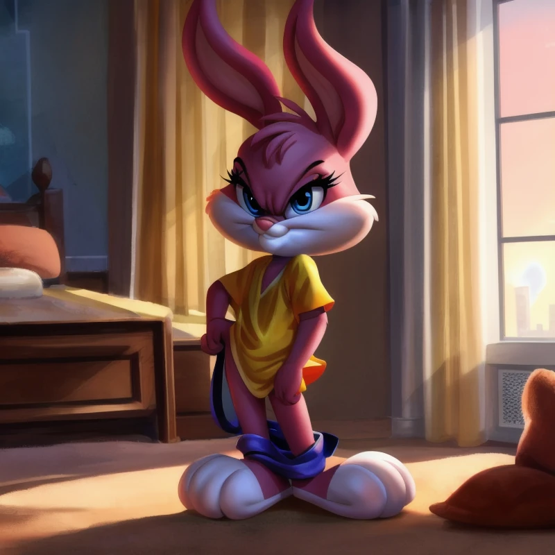 concept art <lora:BabsBunny_7:0.7>, <lora:GoodHands-beta2:1>, <lora:Furtastic_Detailer:0.7>, solo, cute, cub, Babs, bunny, girl, blue eyes, pink nose, pink body, pink head, pink ears, pink legs, white cheeks, white feet, ears drooping, lop-eared, one purple untied bow on the ear, standing, yellow pajamas, angry, morning, disheveled
masterpiece, detailed, NSFW, e621, detailed background, 8k, 4k . digital artwork, illustrative, painterly, matte painting, highly detailed