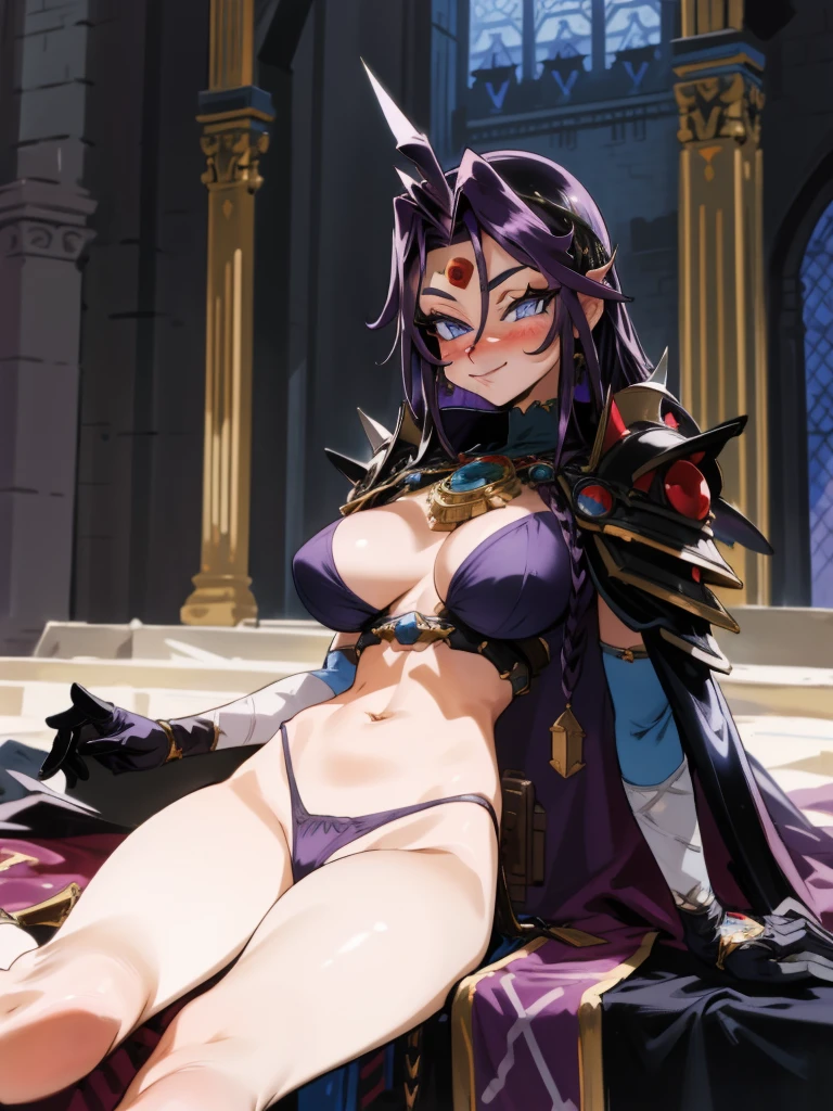 <lora:asanagi-12:1>1girl, solo, sitting, smirk, throne, indoors, masterpiece, best quality, <lora:araizumi_rui:1>naga the serpent, purple hair, blue eyes, large breasts, pauldrons, spikes, cape, highleg panties, bustier, stomach, navel, belt pouch
