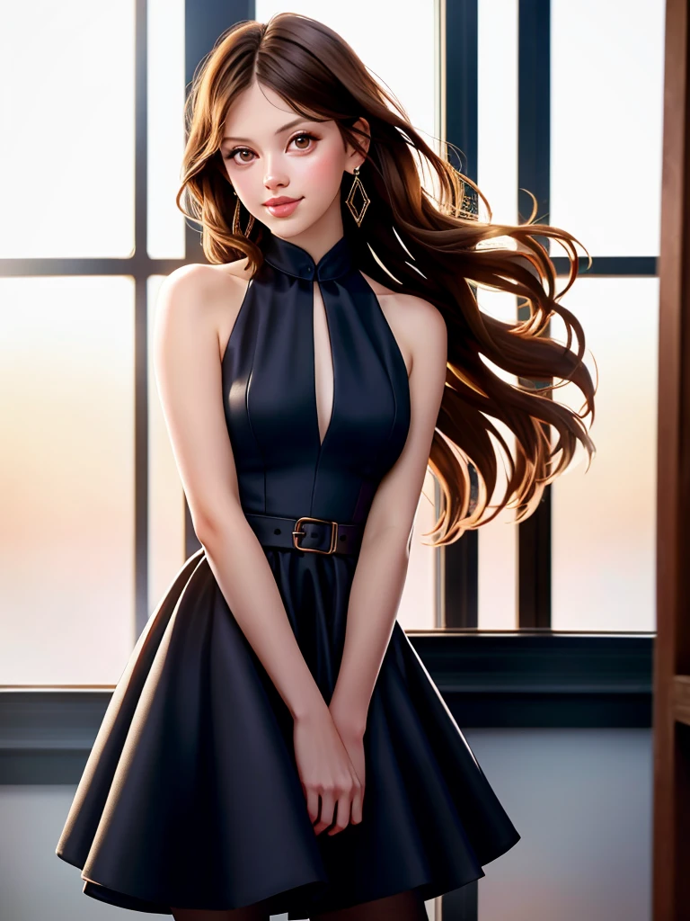 Realistic photo of a beautiful m14g woman, 1girl,solo,long hair,looking at viewer,smile,brown hair,dress,bare shoulders,brown eyes,jewelry,pantyhose,cowboy shot,sleeveless,black dress,lips,realistic,fashion, soft lighting, professional Photography, Photorealistic, detailed, RAW, analog, sharp focus, 8k, HD, high quality, masterpiece<lora:m14g:1.0>