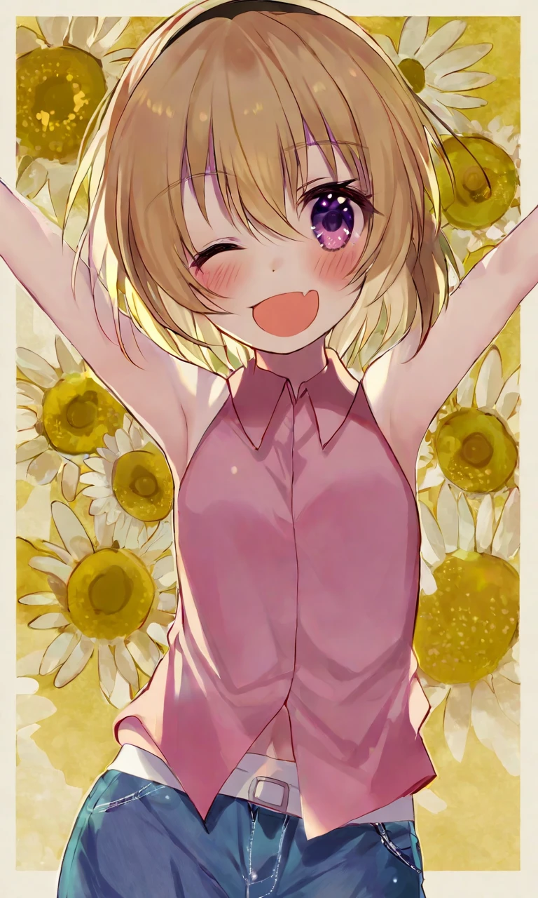 by aroa, houjou satoko, higurashi no naku koro ni, 1girl, ;d, backlighting, blonde hair, blush, collared shirt, denim, denim shorts, eyelashes, eyes visible through hair, fang, floral background, flower, hair between eyes, happy, looking at viewer, one eye closed, open mouth, outstretched arms, pink shirt, purple eyes, shirt, short hair, shorts, simple background, skin fang, sleeveless, sleeveless shirt, smile, solo, tsurime, white background, yellow flower, <lora:sdxl - Char - Houjou Satoko - Bionagato>