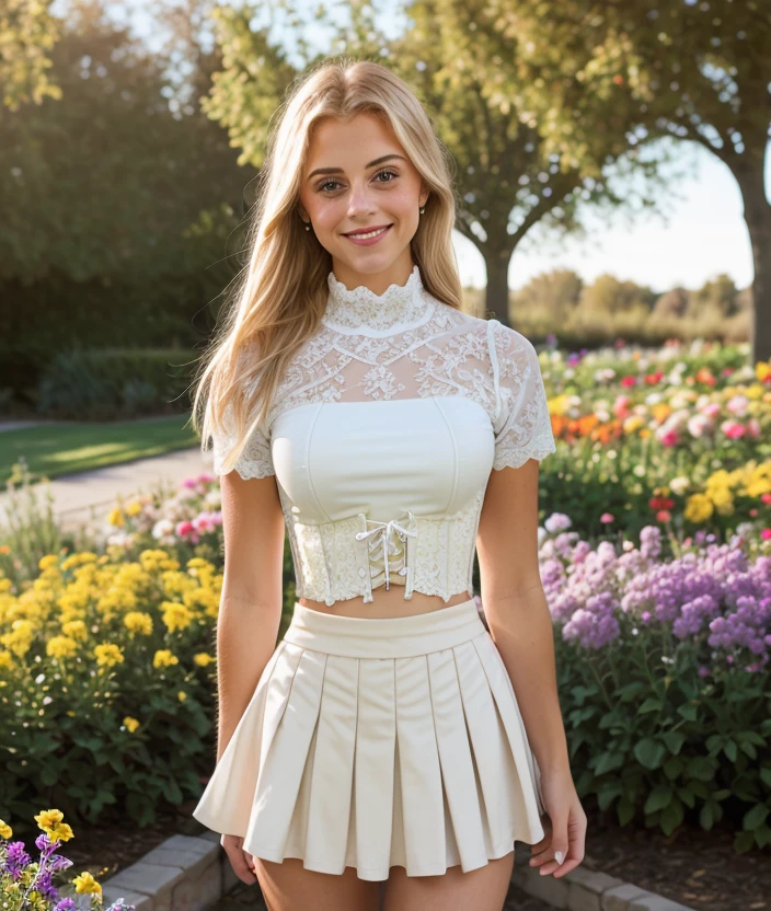 n0rv3, upper body, Soft and warm light, smile, nature, Flower garden, Ultra-HD-details, Mini skirt, corset, lace, Adherent, breast, Turtleneck, shirt, shirt