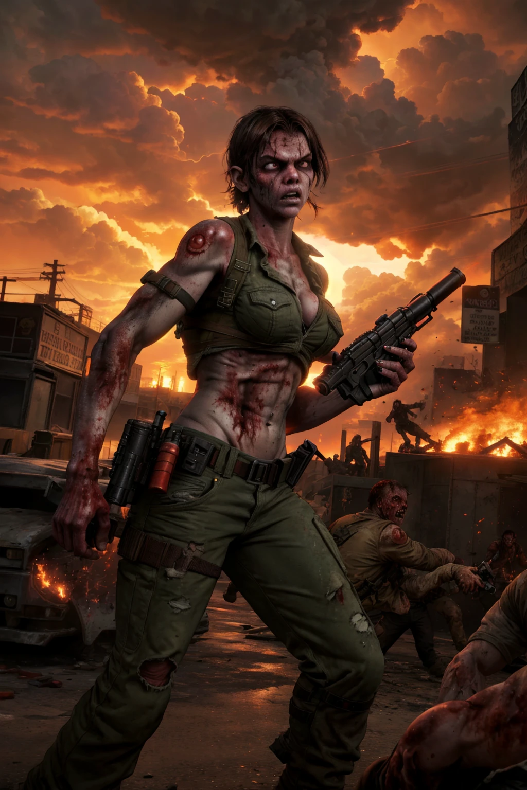 girl with gun fighting, zombie hoard attack ,Sarasota, perfect sunset in background, dramatic clouds, thunder storm,  ((zombie)) zombie attacking people, action movie scene <lora:SheDead-000004:0.5> zombie attack, perfect sunset, saint Armand circle, people, fire, explosions ,zombies, resident evil, GTA 5,