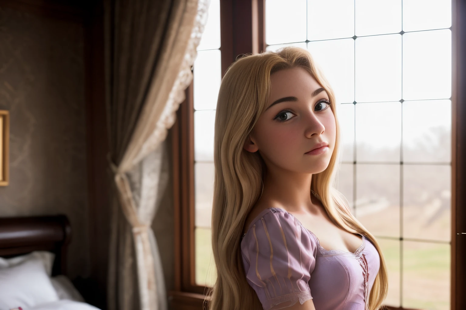 cinematic portrait of close-up photo of photograph of a 18 year old woman, rapunzel-tngl, in castle bedroom <lora:rapunzel-tngl-v1.1-000004:0.7>. Detailed, intimate, clear, personal. 85mm lens, f/1.8, dramatic side lighting, moody atmosphere