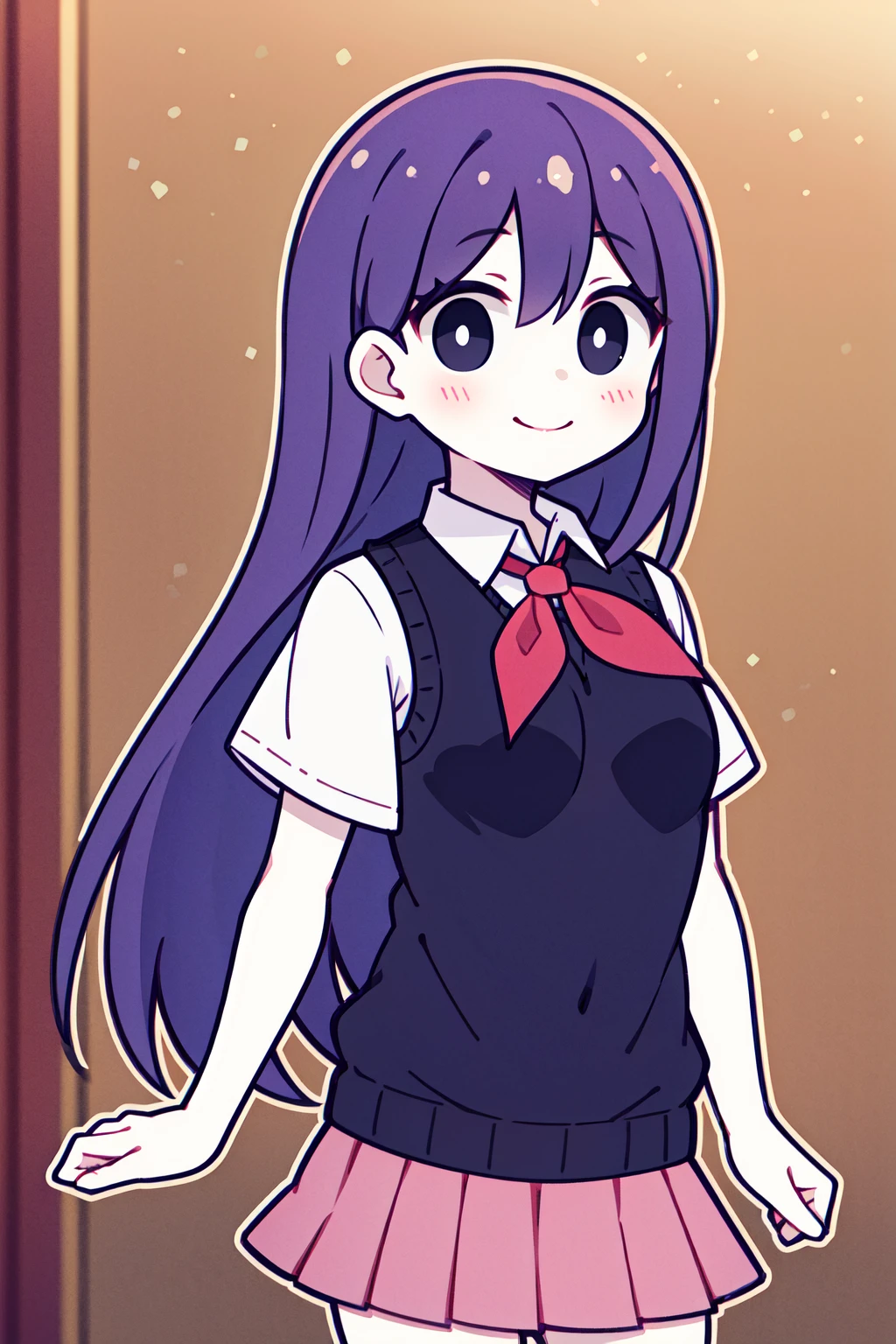 masterpiece, best quality, highres, 1girl, solo, long hair, purple hair, bangs, black eyes, bright pupils, white pupils, white skin, school uniform, red neckerchief, white shirt, sweater vest, black sweater, short sleeves, pleated skirt, pink skirt, <lora:mari_(omori)_v1:0.7>, standing, cowboy shot, smile, closed mouth