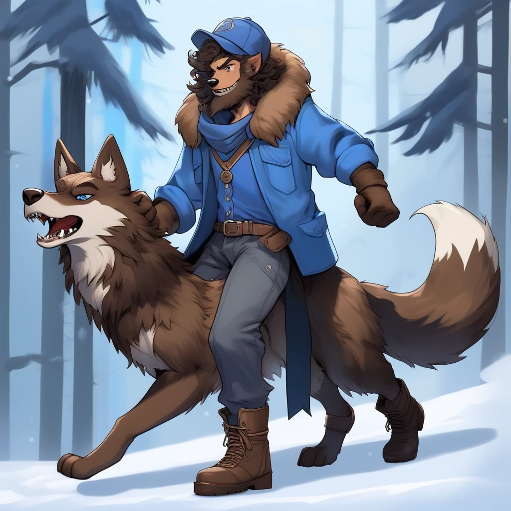 solo, male, werewolf, blue eyes, long wavy curly brown hair, blue overhauls, brown boots, white gloves, long brown wolf tail