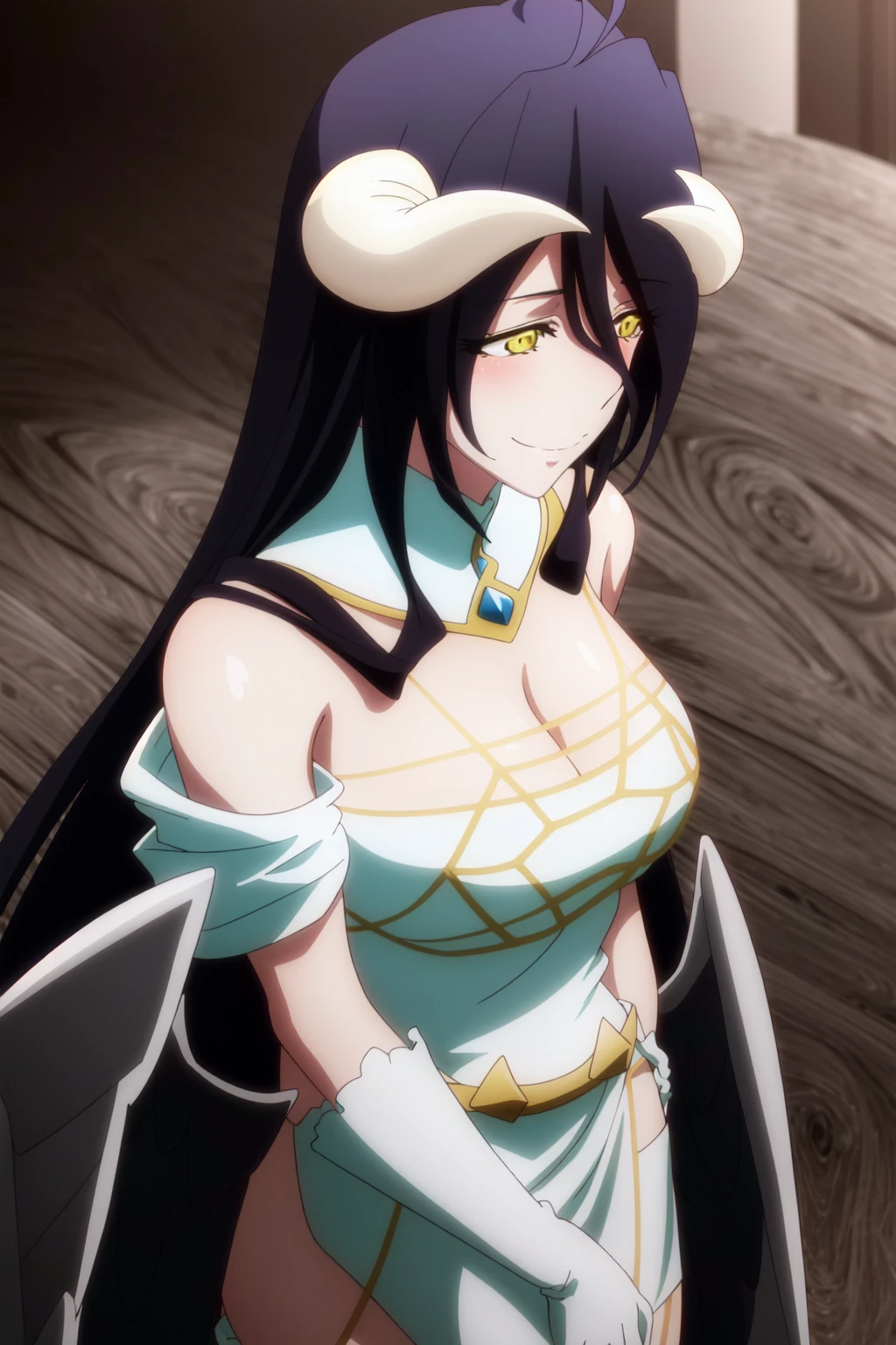 (extremely detailed CG unity 4k wallpaper),(masterpiece),(best quality),(ultra-detailed),(best illustration),(best shadow),(absurdres),(detailed background), <lora:OGT_Albedo-v1:1> Albedo, 1girl, albedo (overlord), solo, long hair, horns, black hair, dress, yellow eyes, gloves, wings, white gloves, breasts, black wings, white dress, hip vent, hair between eyes, smile, demon girl, bare shoulders, demon horns, v arms, feathered wings, large breasts, very long hair, ahoge, low wings, cleavage