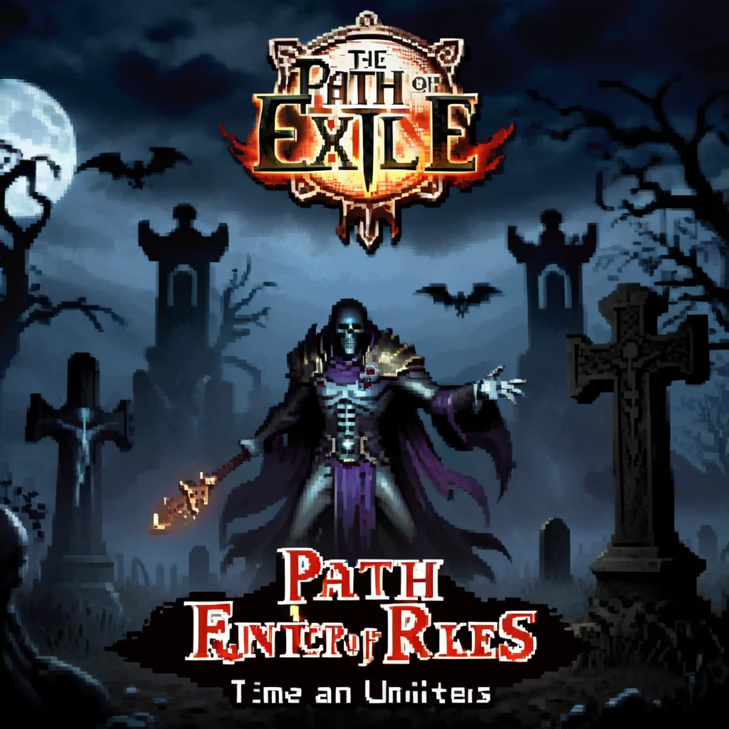 A dark and mystical title screen for the game 'Path of Exile,' showcasing a formidable necromancer cloaked in shadowy robes, standing in a foreboding graveyard under a moonlit sky. The necromancer's eyes glow with an eerie light, hands raised as if commanding the undead. Ancient tombstones and wisps of ghostly fog surround them, enhancing the ominous atmosphere. The game's title, 'Path of Exile,' is emblazoned in Gothic, ornate lettering at the top, with a hauntingly beautiful, intricate design. At the bottom of the screen, in a bold, yet eerie font, the phrase 'Press Any Key' flickers intermittently, inviting the player to embark on their dark journey,<lora:gbaplay_title:0.75>,