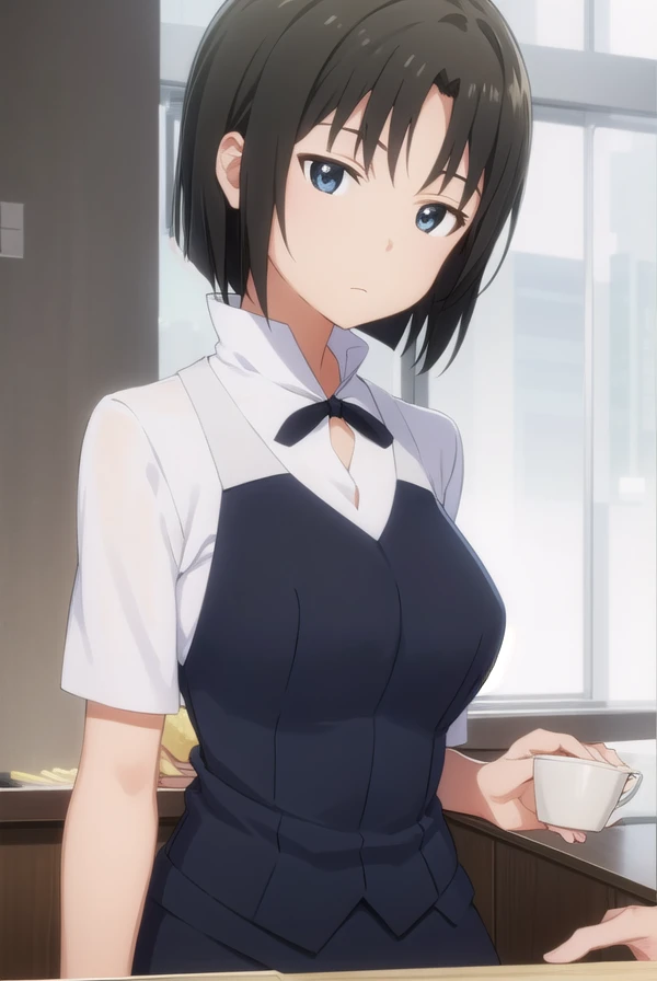 kyoukoshirafuji, <lora:kyouko shirafuji s2-lora-nochekaiser:1>,
kyouko shirafuji, short hair, black hair, (black eyes:1.5),
BREAK apron, waitress,
BREAK indoors, restaurant,
BREAK looking at viewer, (cowboy shot:1.5),
BREAK <lyco:GoodHands-beta2:1>, (masterpiece:1.2), best quality, high resolution, unity 8k wallpaper, (illustration:0.8), (beautiful detailed eyes:1.6), extremely detailed face, perfect lighting, extremely detailed CG, (perfect hands, perfect anatomy),