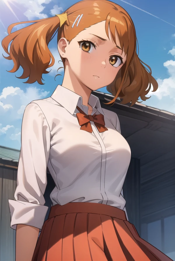 narukoanjou, <lora:naruko anjou s1-lora-nochekaiser:1>,
naruko anjou, orange hair, twintails, (brown eyes:1.7), hair ornament, star ornament, hair clip,
BREAK skirt, bow, school uniform, sleeves rolled up, red bowtie, shirt, white shirt, collared shirt, (red skirt:1.5),
BREAK outdoors, house, fields, grass, sky, sun, clouds,
BREAK looking at viewer, (cowboy shot:1.5),
BREAK <lyco:GoodHands-beta2:1>, (masterpiece:1.2), best quality, high resolution, unity 8k wallpaper, (illustration:0.8), (beautiful detailed eyes:1.6), extremely detailed face, perfect lighting, extremely detailed CG, (perfect hands, perfect anatomy),