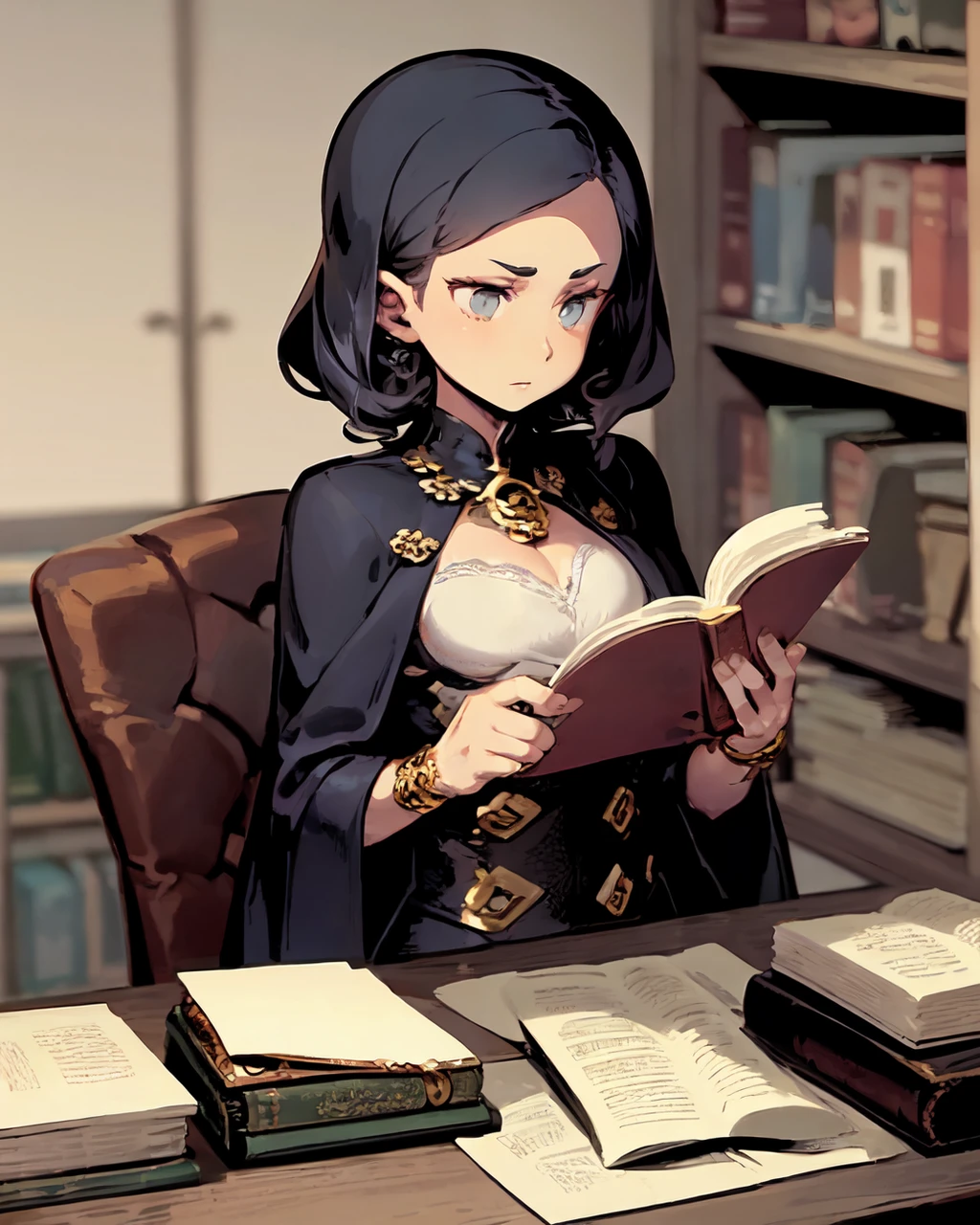 <lora:Himukai_yuuji-NAI-LyCORIS-v2:0.9>
a gloomy female necromancer reading a tome in a library