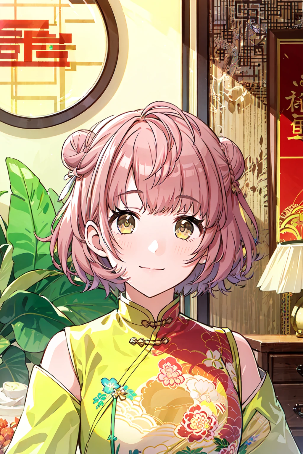h_ikuta, 1girl, short hair, (hair double bun:1.2), pink hair, brown hair, yellow eyes, smile, looking at viewer, indoor, closed mouth, bangs, blush, cowboy shot, chinese clothes, china dress, bare shoulders <lora:h_ikuta:1>