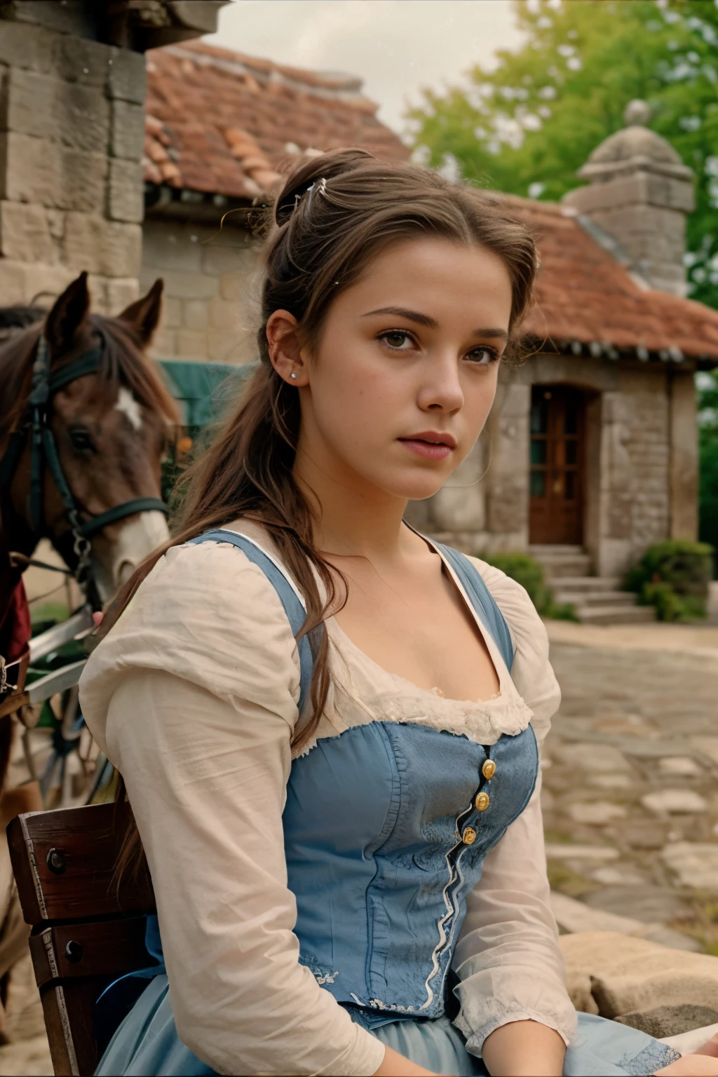 cinematic film still close-up photo of photograph of a 18 year old girl, teen, 1girl, (belle-bb:1.1) ,in a small village sitting on a Clydesdale horse, blue pesant outfit,single hair bun <lora:belle-bb-v1.0:1>. Detailed, intimate, clear, personal . shallow depth of field, vignette, highly detailed, high budget Hollywood movie, bokeh, cinemascope, moody, epic, gorgeous, film grain, grainy