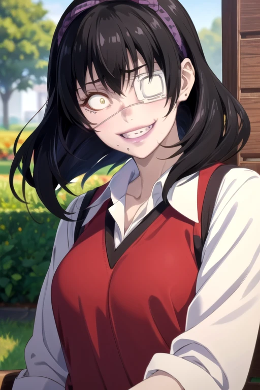 (((pixel-perfect, detail-perfect))), solo, 1girl, <lora:midari-kakegurui:0.8>, midari ikishima, vest, upper body, looking at viewer, grin