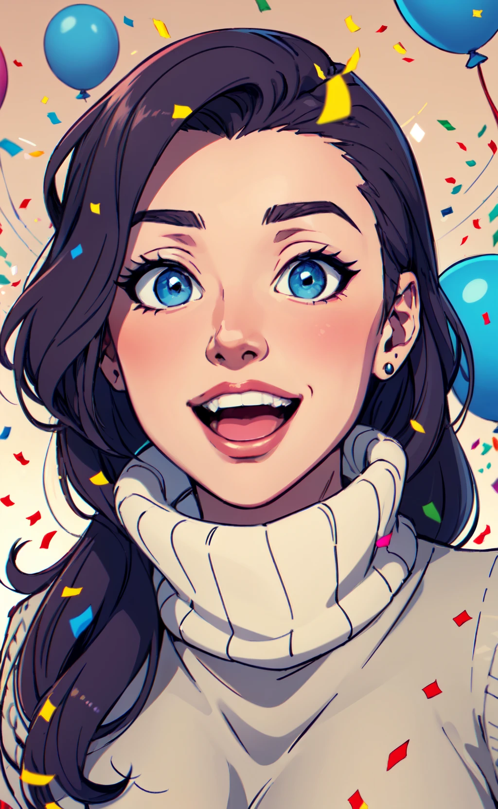 illustration style, drawing of ([Jessica Chastain|Kelly Ripa|Mila Kunis]), wearing baggy turtleneck sweater, huge open mouth smile, perfect eyes, detailed face, looking amazed, excited, emotions, party background, looking flirty, (confetti:1.2), balloons, thick lines