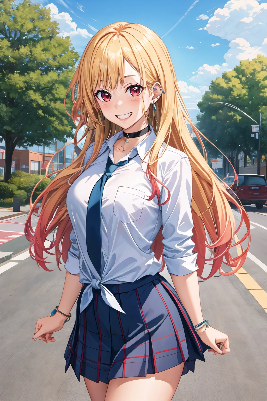 masterpiece, best quality, highres, kitagawa marin, 1girl, blonde hair, long hair, multicolored hair, red eyes, jewelry, earrings, piercing, school uniform, white shirt, tied shirt, black choker, blue necktie, plaid skirt, blue skirt, <lora:kitagawa_marin_v1-1:0.7>, grin, smile, standing, cowboy shot, outdoors, <lora:itou-life-Style_897416:1>