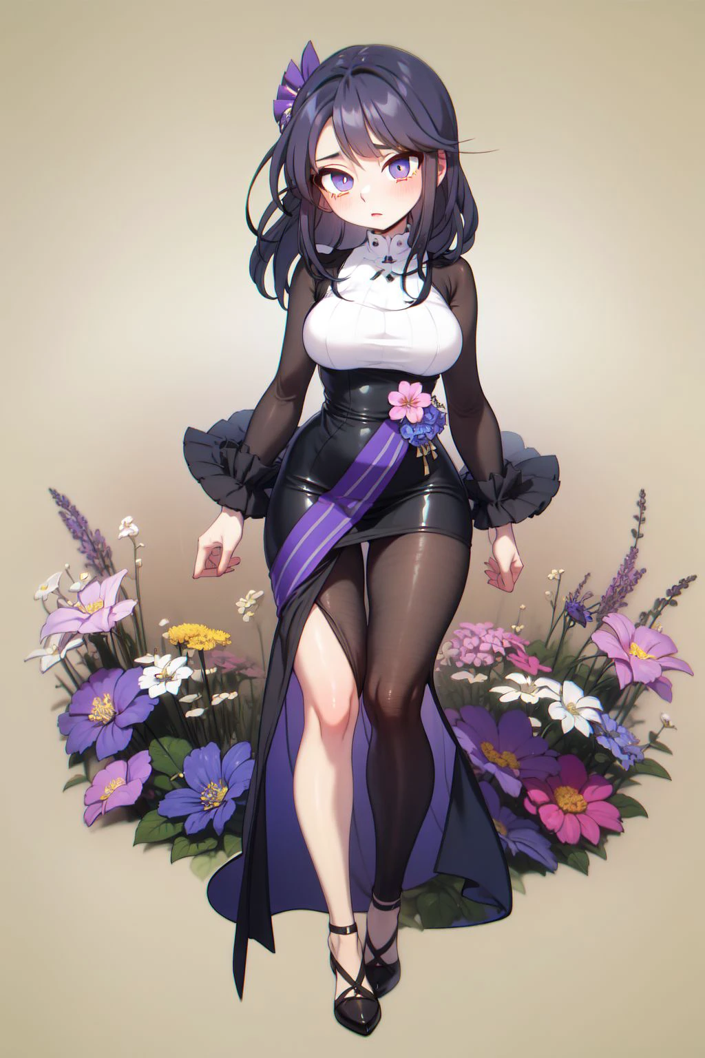 full body, solo, 1girl, withdrawn, dark blue hair, single sidelock, cream eyes, dark purple shrug, Big_Flax \(flower\), floral background <lora:Strong_bana_style_v01:1>