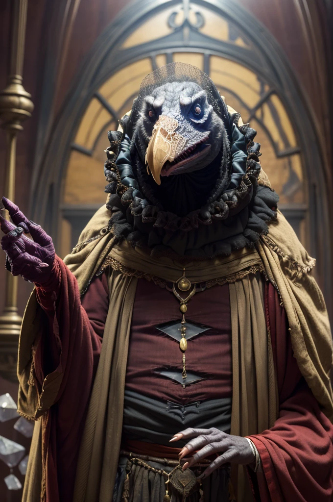 skeksil, a chunky humanoid vulture skeksis wearing victorian robe, in a fantasy room with a crystal <lora:Skeksis:1>