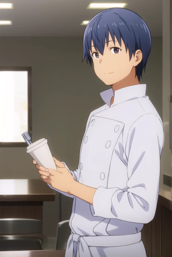 hiroomisouma, <lora:hiroomi souma s2-lora-nochekaiser:1>,
hiroomi souma, (brown eyes:1.3), blue hair, male focus, smile,
BREAK apron, buttons, waist apron, white pants, chef,
BREAK indoors, restaurant,
BREAK looking at viewer, (cowboy shot:1.5),
BREAK <lyco:GoodHands-beta2:1>, (masterpiece:1.2), best quality, high resolution, unity 8k wallpaper, (illustration:0.8), (beautiful detailed eyes:1.6), extremely detailed face, perfect lighting, extremely detailed CG, (perfect hands, perfect anatomy),