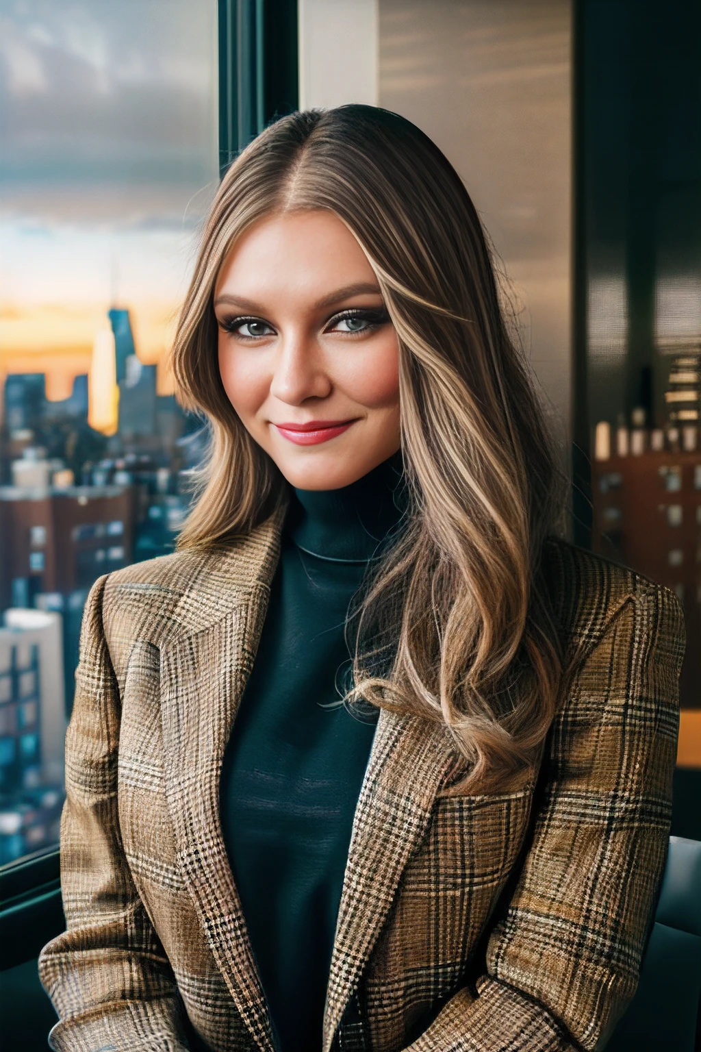 a professional photograph of beautiful 25 year old (4nn4D31v3y woman),as a business mogul,wearing a (tan sweater)and(brown suit:1.2),standing in a (conference room:1.2),presenting (statistical graphs:1.3),(large windows with cityscape in background:1.3),during a meeting with board of directors,making big decisions for the corporation,managing company operations,long blonde hair,jewelry,lipstick,makeup and eyeshadow,(upper body),(medium closeup shot),magazine photoshoot,modelshoot style,sharp focus,detailed eyes,(highly detailed),(HDR),(8k wallpaper),colorful,vivid color,intricately detailed,high contrast,highres,absurdres,hyper realistic,8K UHD DSLR,Fujifilm XT3,taken with (Canon EOS 1Ds camera),extremely intricate,dramatic,(smiling at viewer),4k textures,elegant,(cinematic look),hyperdetailed,<lora:4nn4D31v3y_17A-000003:1.0>,