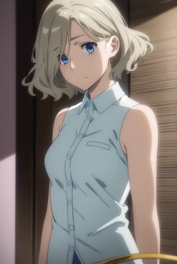 irenehonma, <lora:irene honma s1-lora-nochekaiser:1>,
irene honma, short hair, blue eyes, grey hair,
BREAK shirt, bare shoulders, sleeveless, sleeveless shirt,
BREAK indoors,
BREAK looking at viewer, (cowboy shot:1.5),
BREAK <lyco:GoodHands-beta2:1>, (masterpiece:1.2), best quality, high resolution, unity 8k wallpaper, (illustration:0.8), (beautiful detailed eyes:1.6), extremely detailed face, perfect lighting, extremely detailed CG, (perfect hands, perfect anatomy),