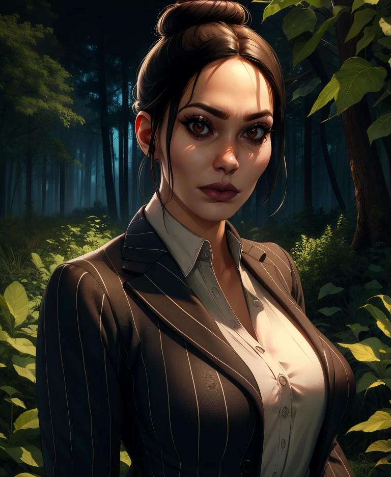 Jane,black hair,brown eyes,hair bun,
striped,suit,white shirt,
forest,night,
standing,upper body,
(insanely detailed, beautiful detailed face, masterpiece, best quality),<lora:JaneRomero:0.8>,