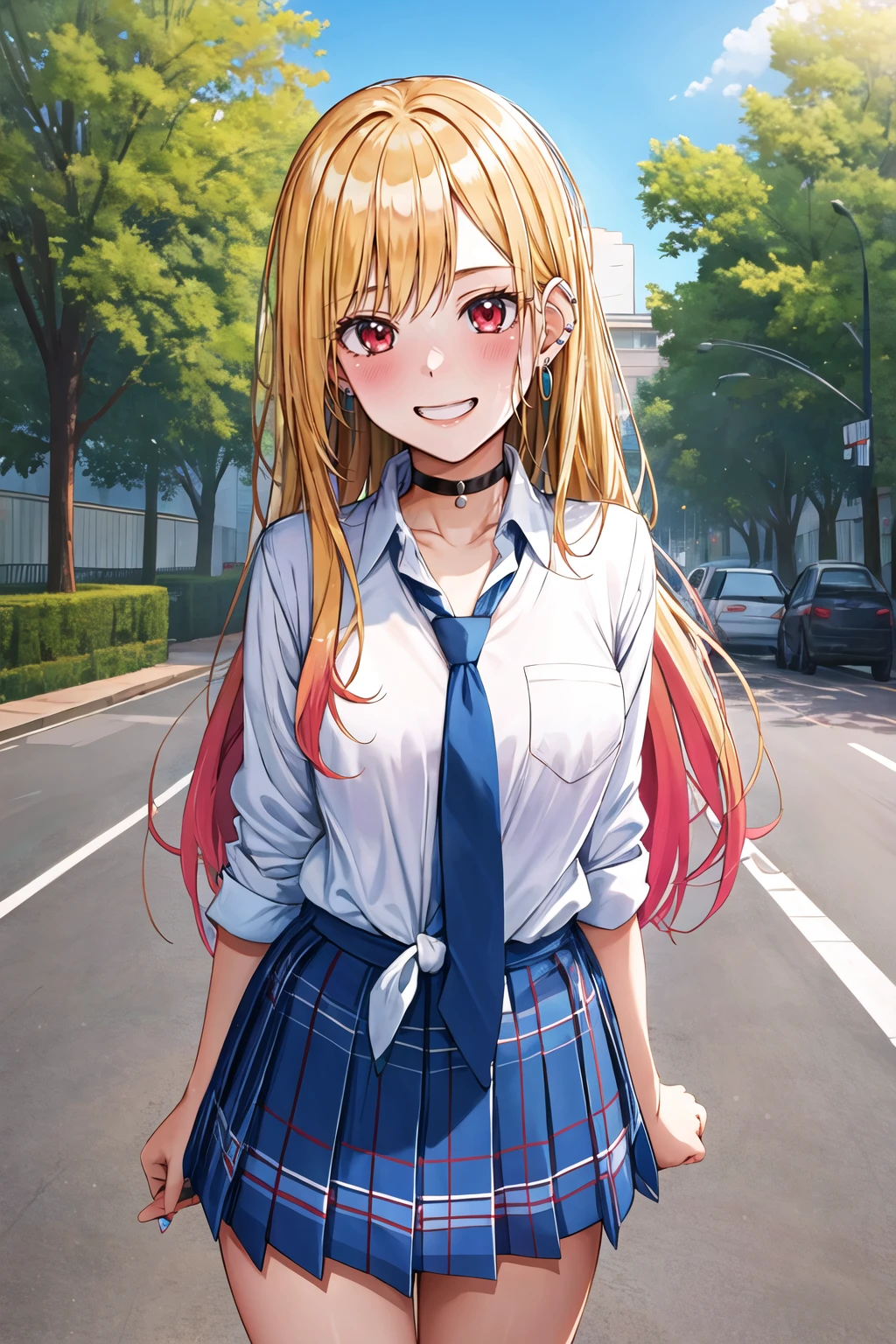 masterpiece, best quality, highres, kitagawa marin, 1girl, blonde hair, long hair, multicolored hair, red eyes, jewelry, earrings, piercing, school uniform, white shirt, tied shirt, black choker, blue necktie, plaid skirt, <lora:kitagawa_marin_v1-1:0.7>, grin, smile, standing, cowboy shot, outdoors,   <lora:Rouka -Style_835720:1>