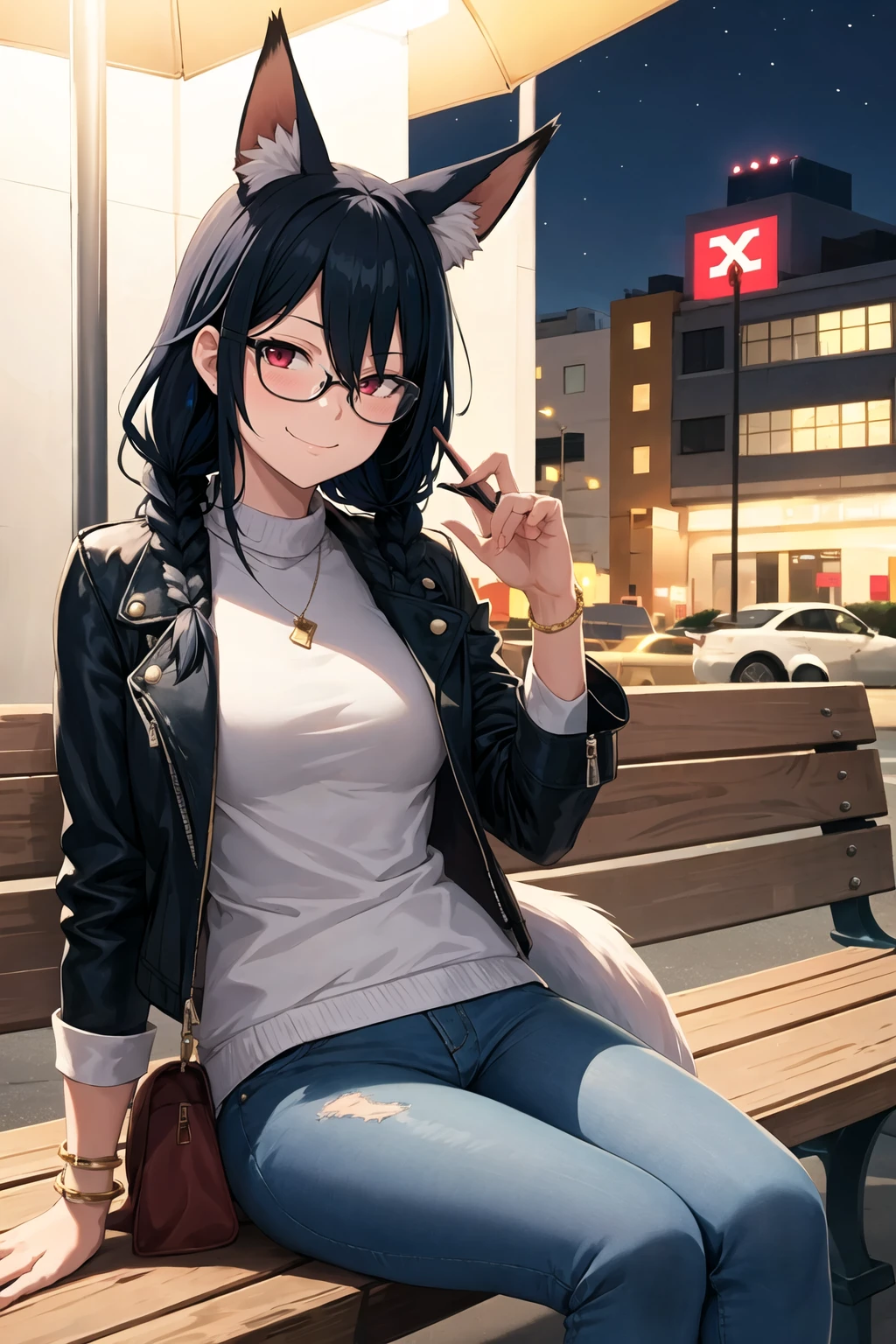 1girl, solo, sidelocks, twinbraids, (black hair), red eyes, smug, smirk, glasses, sitting, bench, partk, at night, long hair, white sweater, leather jacket, (black jacket:1.2), fox girl, fox ears, fox tail, jeans, black tail, <lora:Akita-Hika -Style_737024:1>