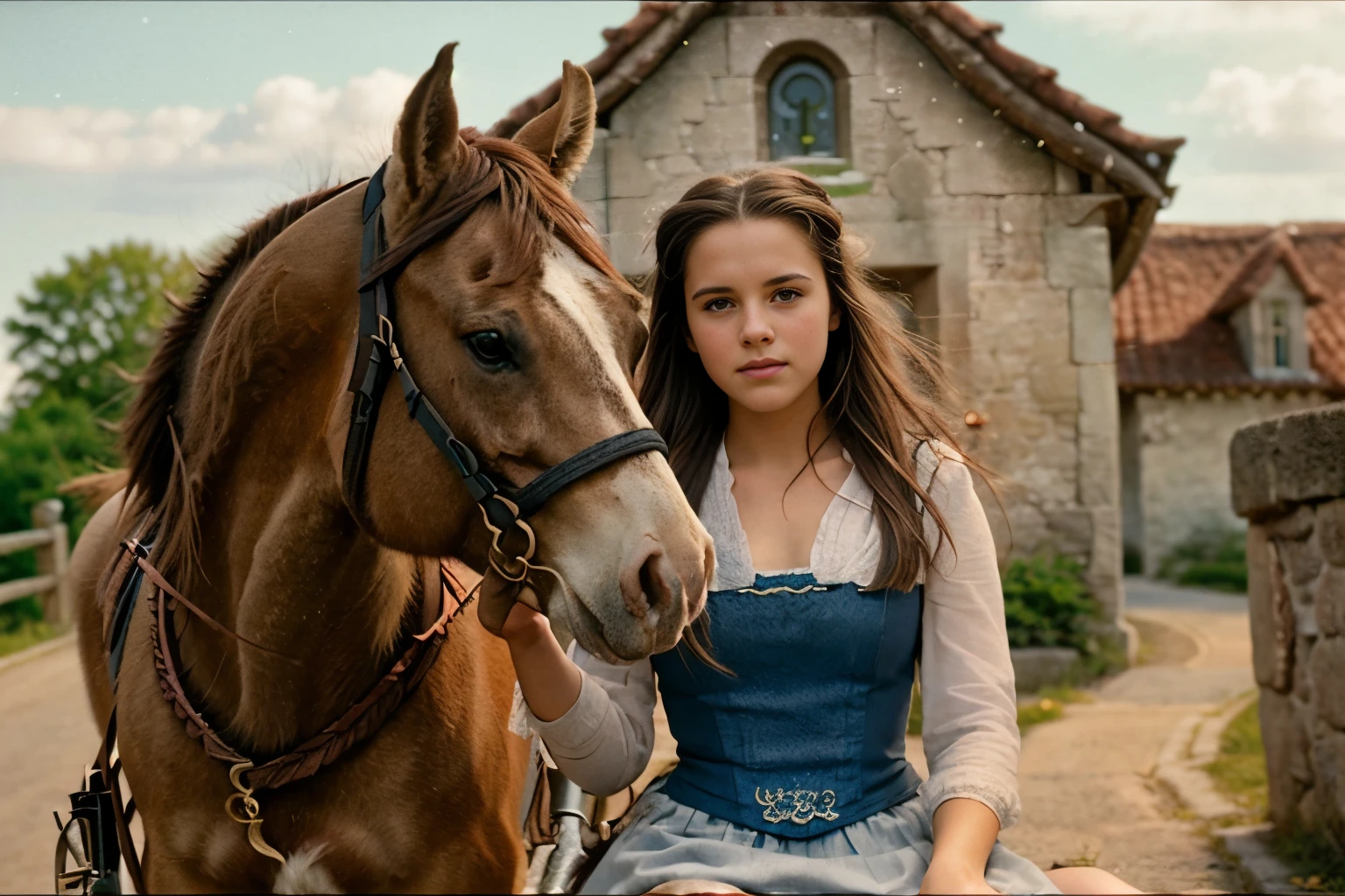 cinematic film still close-up photo of photograph of a 18 year old girl, teen, 1girl, (belle-bb:1.1) ,in a small village sitting on a Clydesdale horse, blue pesant outfit,single hair bun <lora:belle-bb-v1.0:1>. Detailed, intimate, clear, personal . shallow depth of field, vignette, highly detailed, high budget Hollywood movie, bokeh, cinemascope, moody, epic, gorgeous, film grain, grainy