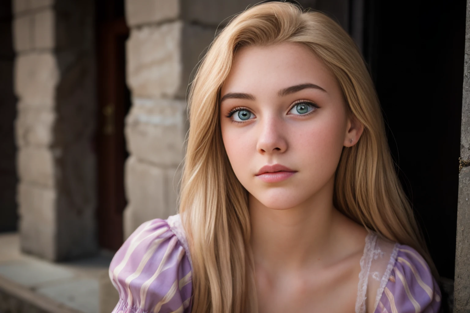 cinematic portrait of close-up photo of photograph of a 18 year old woman, rapunzel-tngl, outside in town <lora:rapunzel-tngl-v1.1-000004:0.7>. Detailed, intimate, clear, personal. 85mm lens, f/1.8, dramatic side lighting, moody atmosphere