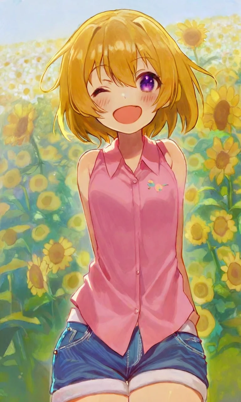 by fuenze, houjou satoko, higurashi no naku koro ni, 1girl, ;d, backlighting, blonde hair, blush, collared shirt, denim, denim shorts, eyelashes, eyes visible through hair, fang, floral background, flower, hair between eyes, happy, looking at viewer, one eye closed, open mouth, outstretched arms, pink shirt, purple eyes, shirt, short hair, shorts, simple background, skin fang, sleeveless, sleeveless shirt, smile, solo, tsurime, white background, yellow flower, <lora:sdxl - Char - Houjou Satoko - Bionagato>